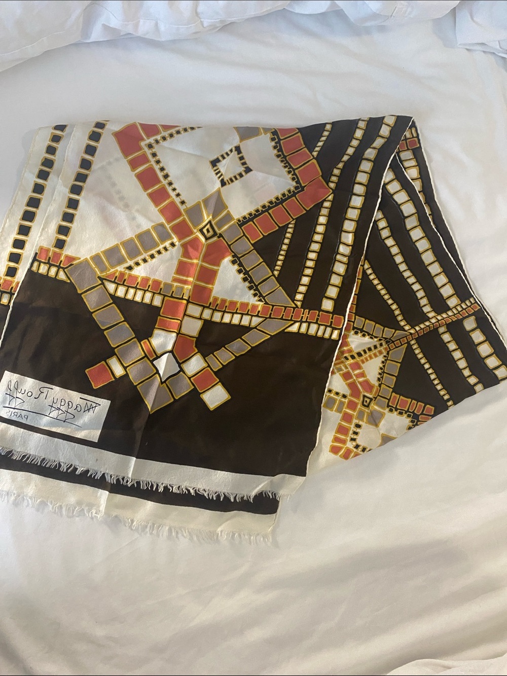 Maggy Rouff Paris Silk Scarf - Black, Cream & Coral Tile Print